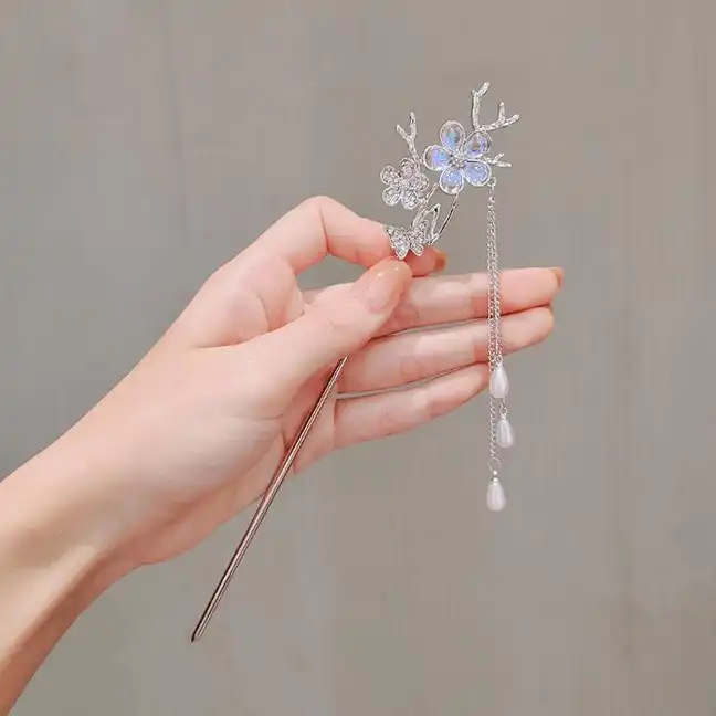 کانزاشی فلزی گل آویزدار با مروارید برای مو
